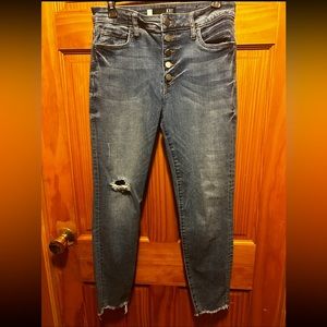 Kut from the Kloth button fly raw hem distressed skinny jeans size 10